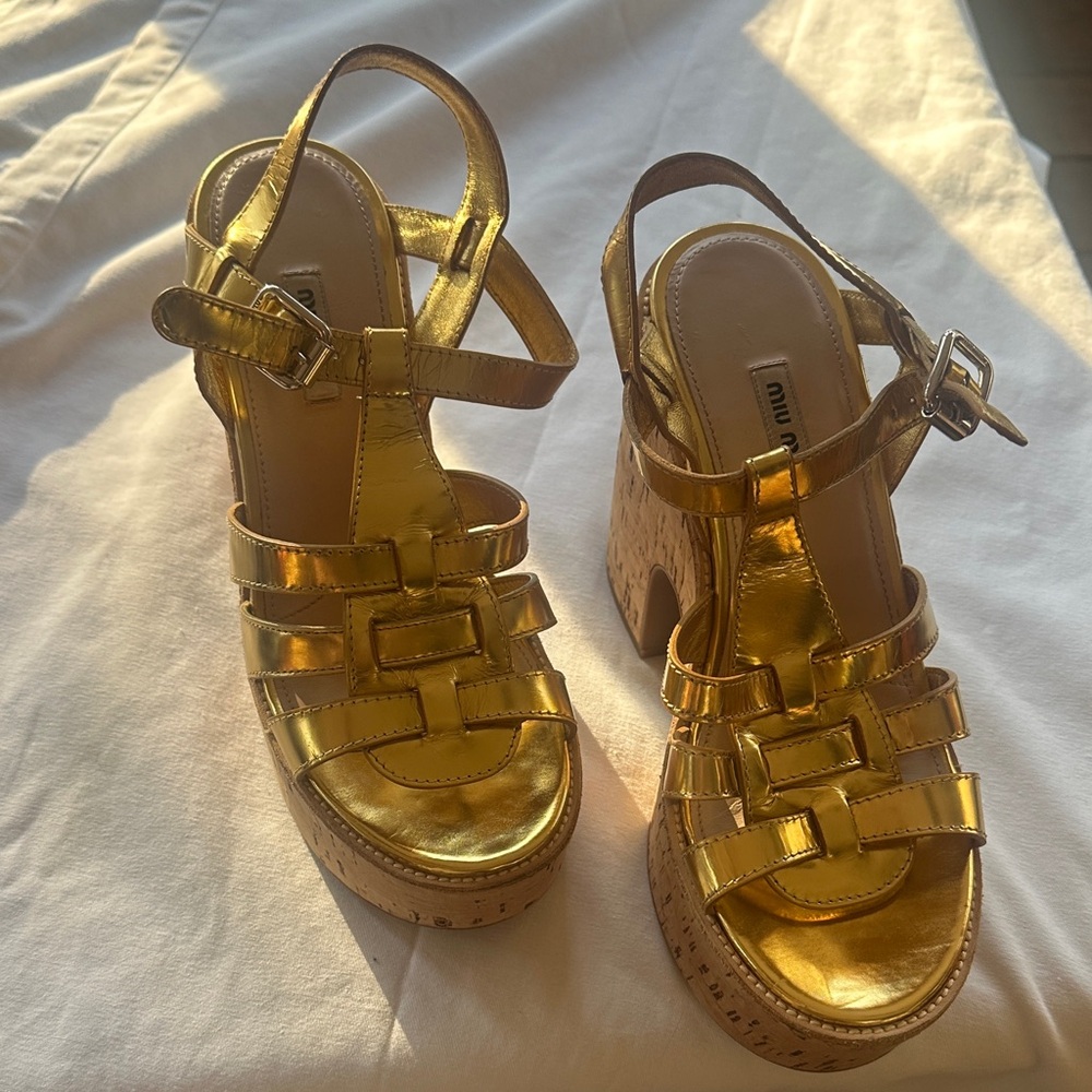 Miu Miu Metallic Gold Leather Platform Sandals 👡 video included